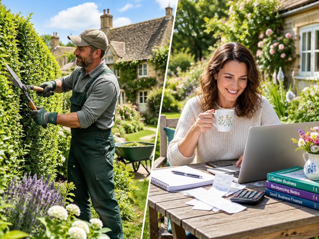 A gardener trimming a hedge beside a bookkeeper working on a laptop