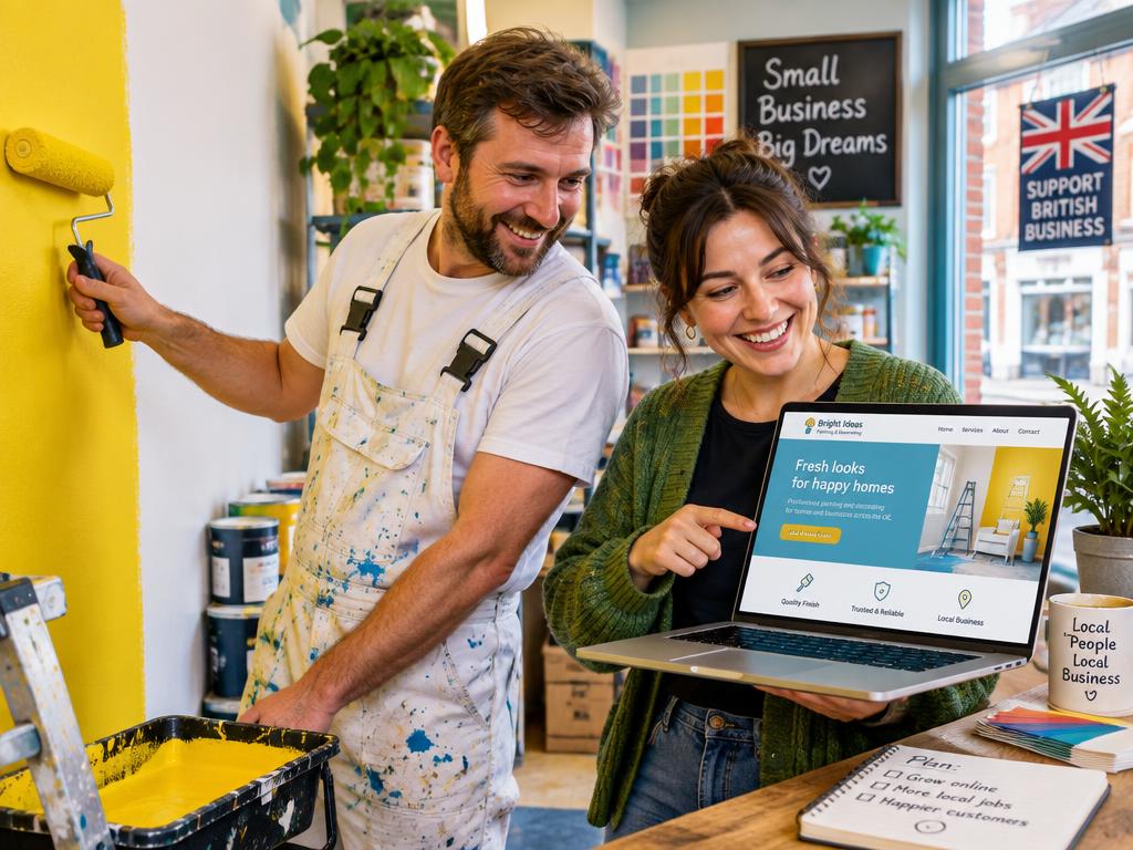 A decorator painting a wall while a web designer shows a new website